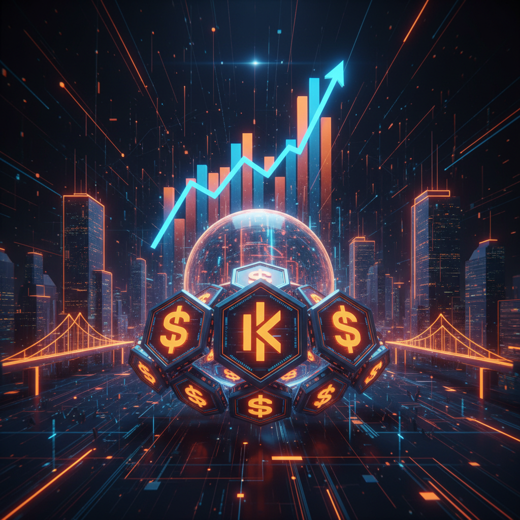 A financial chart visualizing an upward SKY token forecast trajectory with illuminated neon orange metrics.