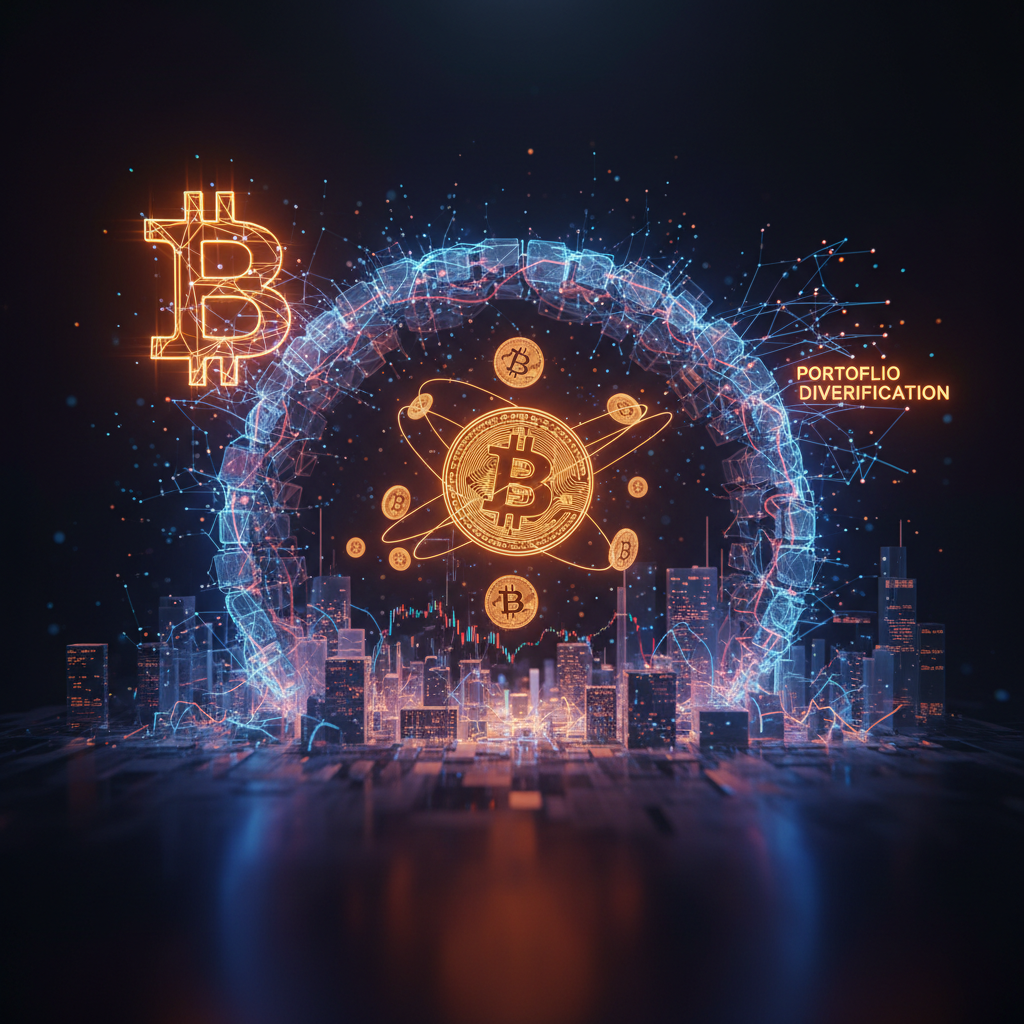 Abstract financial visualization illustrating Bitcoin portfolio diversification benefits amidst modern market risks.