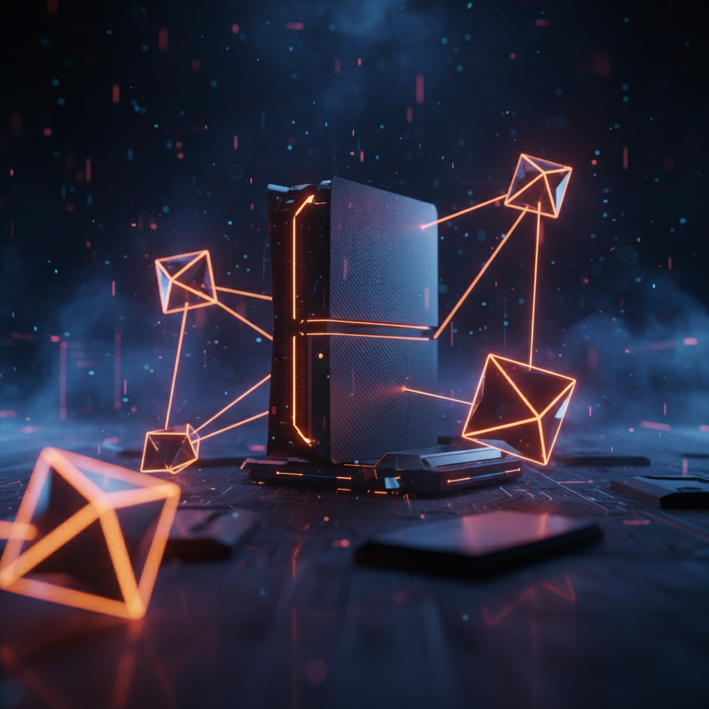 Conceptual visualization of crypto trading gamification showing glowing digital network pathways.