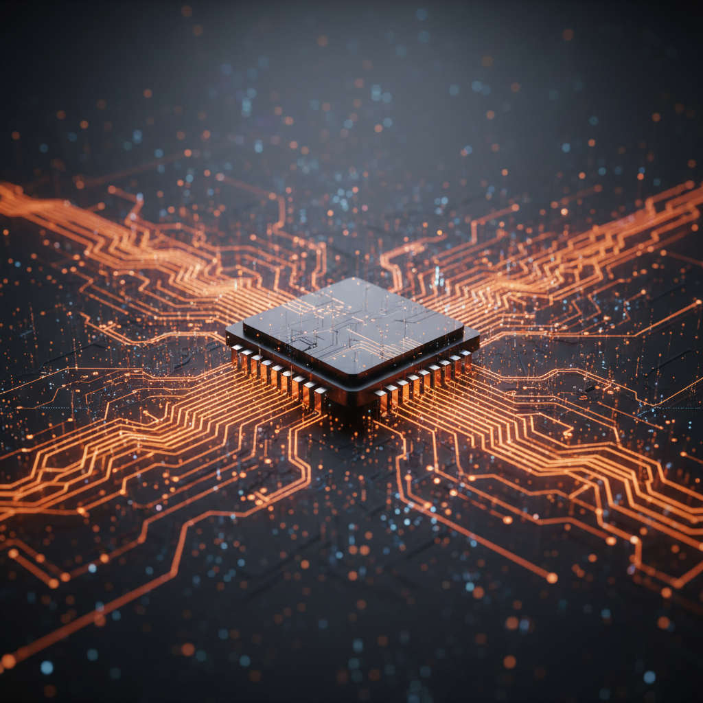 Cinematic AI processor chip glowing in orange representing the Anthropic AI IPO investment.