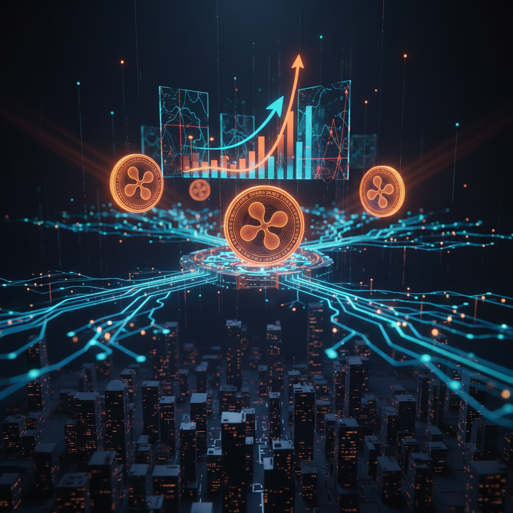 Abstract digital network showcasing Ripple institutional expansion with connecting orange liquidity bridges.