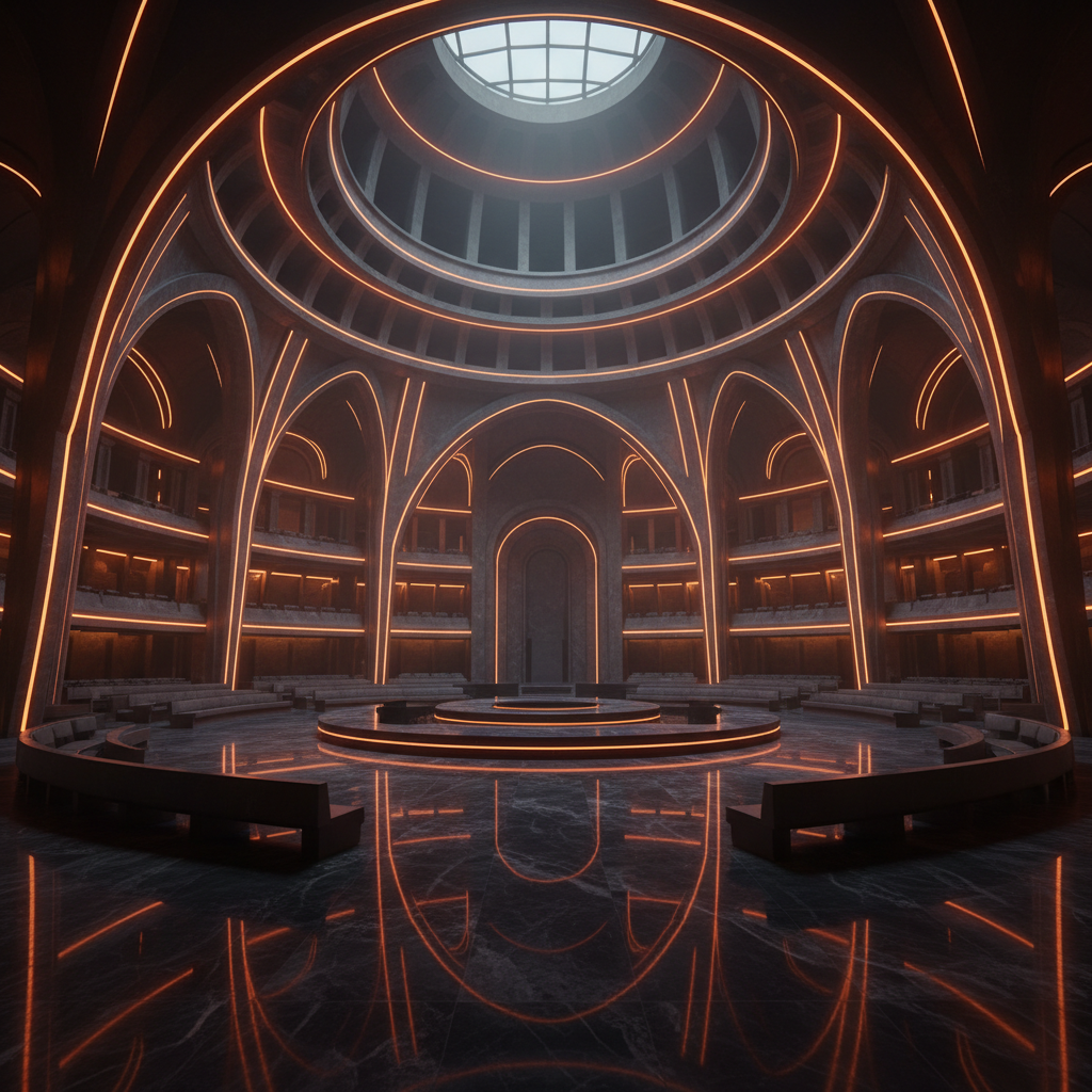 Symbolic legislative chamber illuminated in orange tones representing the Clarity Act Senate vote.