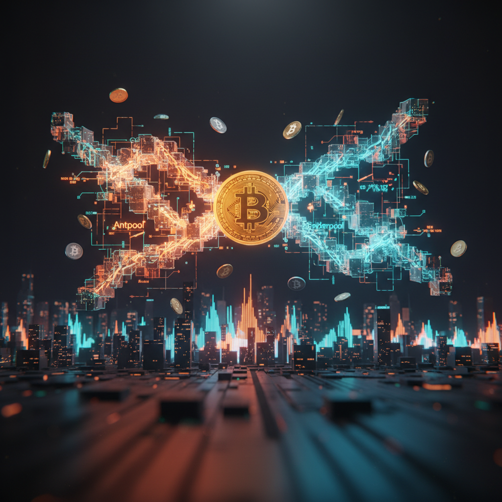 Digital visualization of a Bitcoin blockchain reorg resolving through glowing network paths.