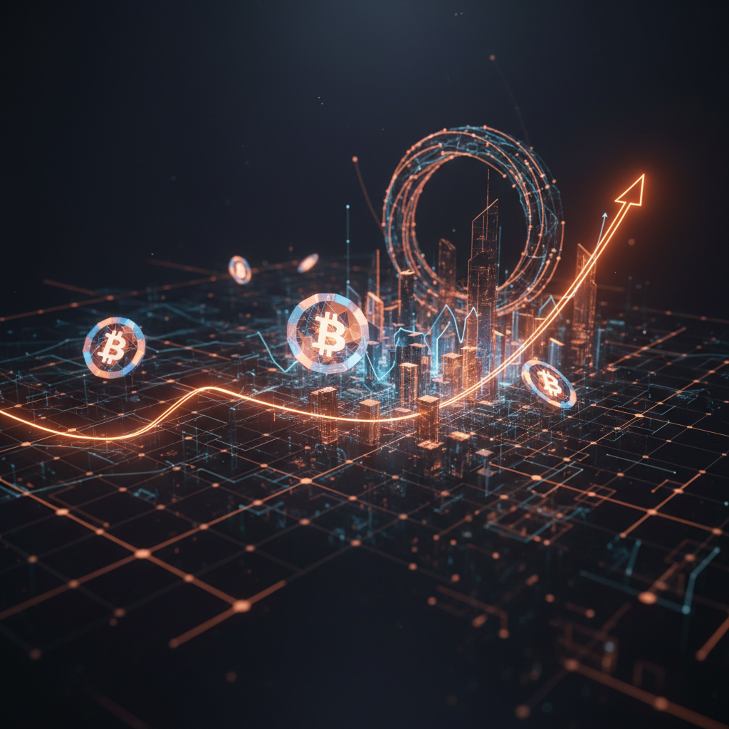 Abstract digital nodes and dice representing crypto gambling sites adoption on dark background.