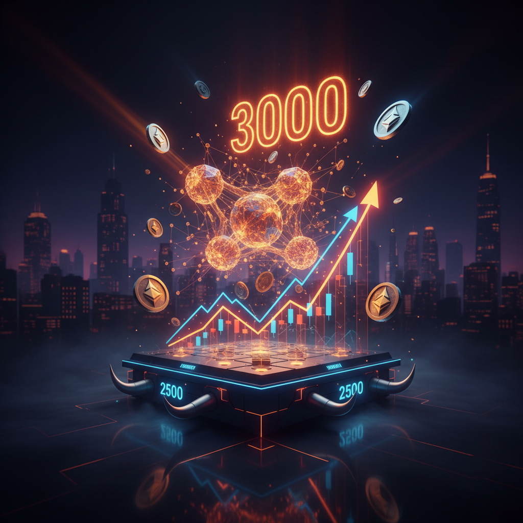 Futuristic Ethereum price analysis visualization displaying glowing market metrics and neon orange indicators.