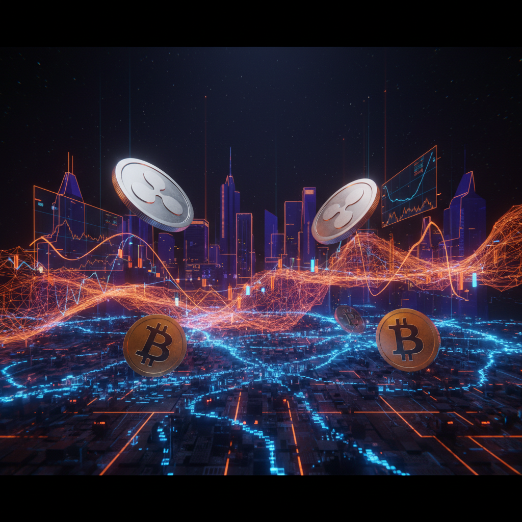 Digital balance scales comparing cryptocurrency market capitalizations in an XRP Bitcoin flippening analysis