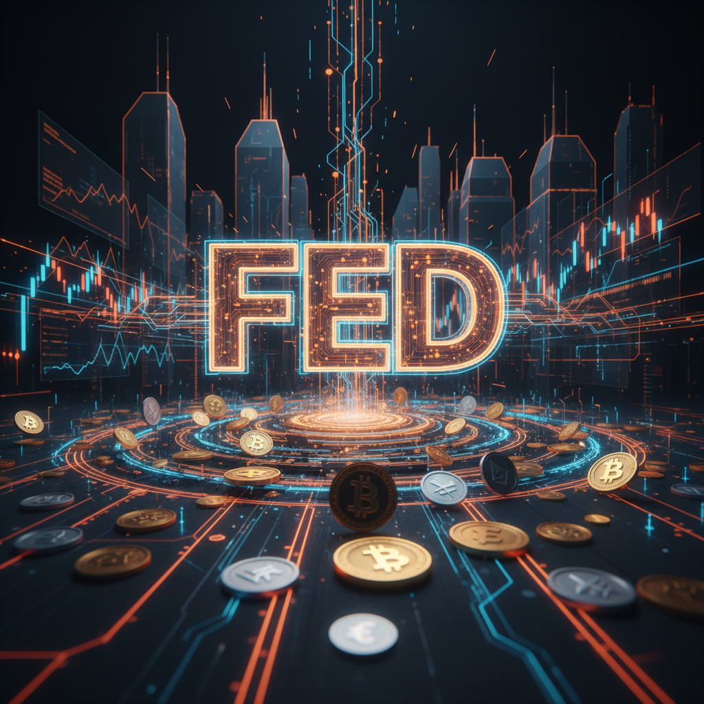 Central banking pillars highlighted with orange neon lines for Fed rate hike forecast