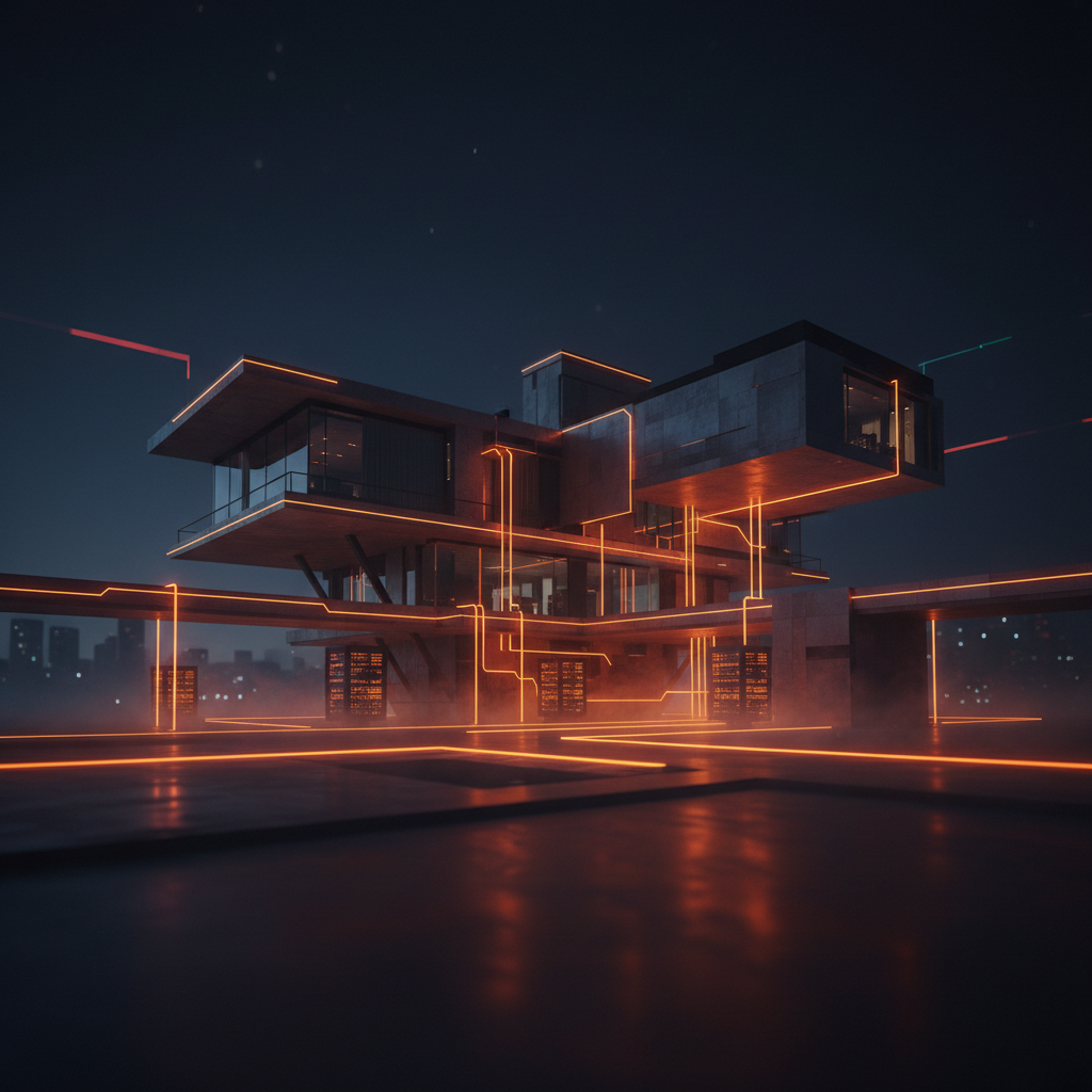 A modern residential home concept connected to crypto backed mortgages digital networks.