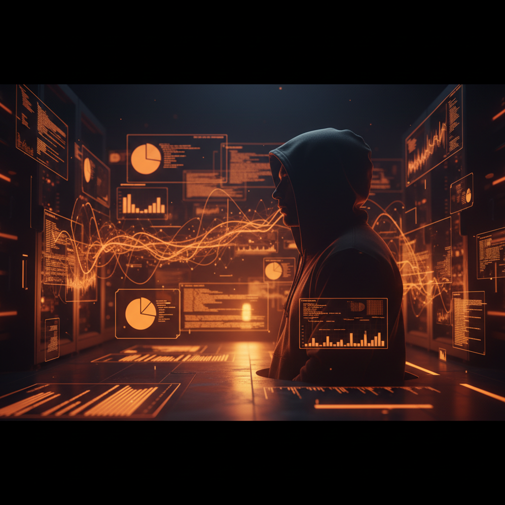 A mysterious digital silhouette representing the Shytoshi Kusama silence in crypto development.