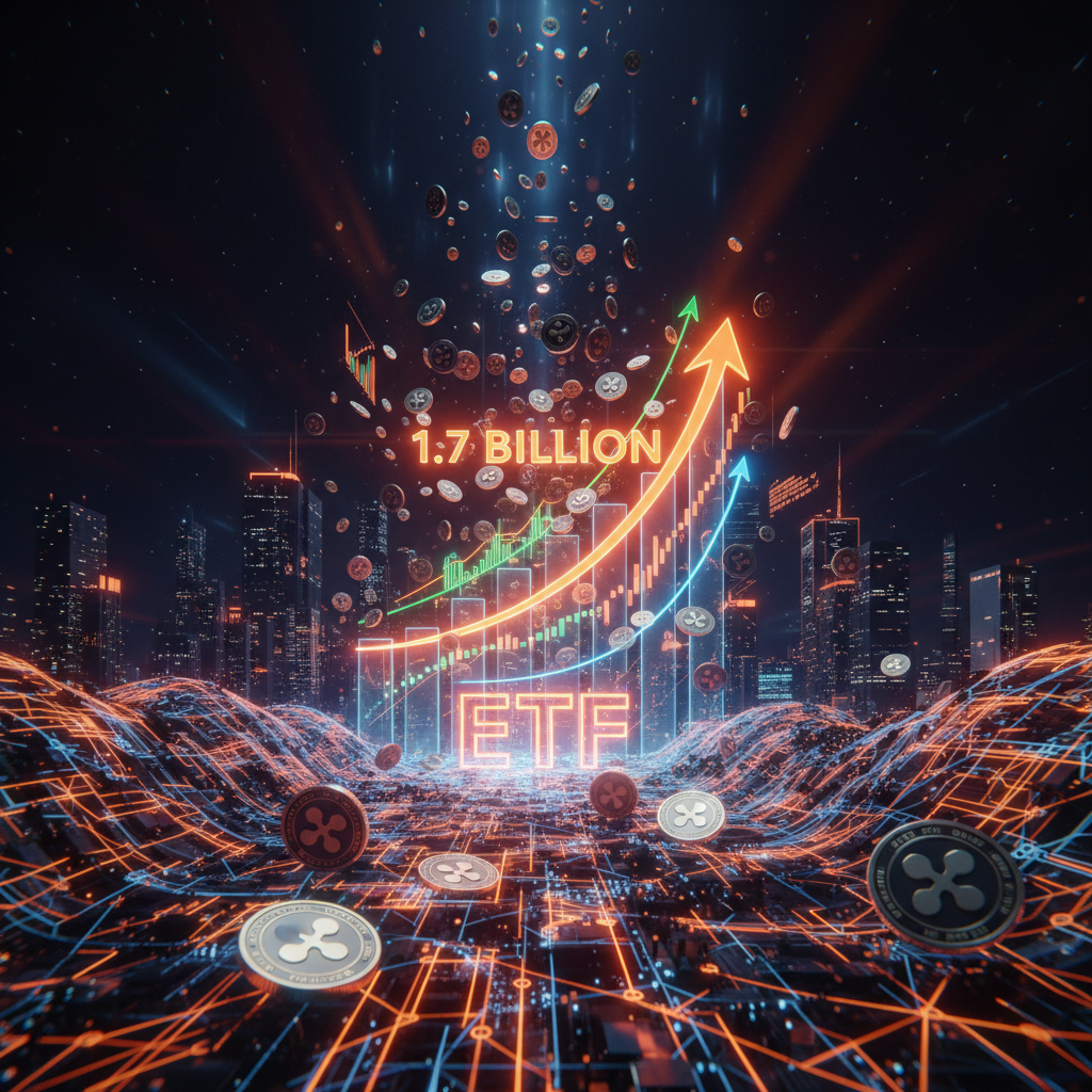 An institutional financial chart showing surging spot XRP ETF inflows in orange neon tones.