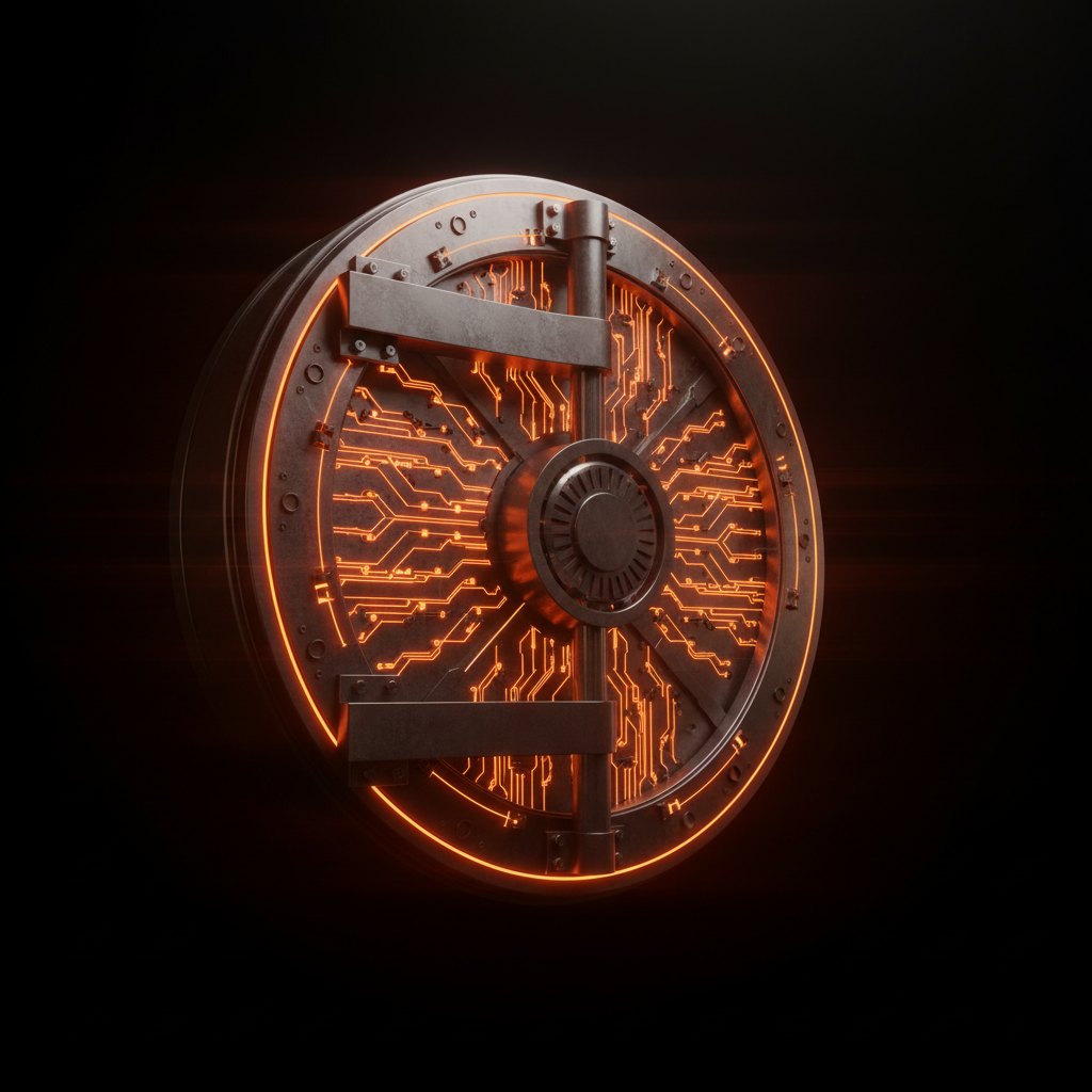Institutional vault door glowing with orange accents representing a Bitcoin reserve asset.