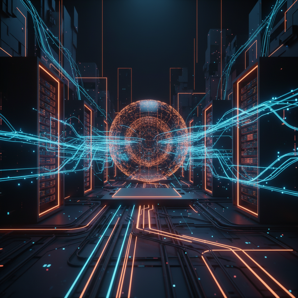 Abstract digital network cables representing DeFi trade routing with glowing orange data packets