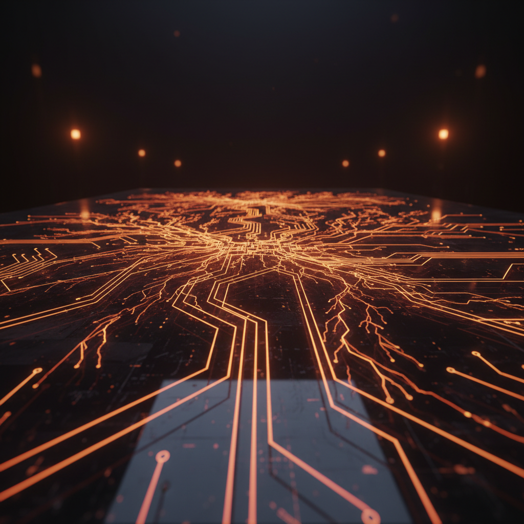 Glowing neural network circuits illustrating AI regulatory capture on dark glass desk.