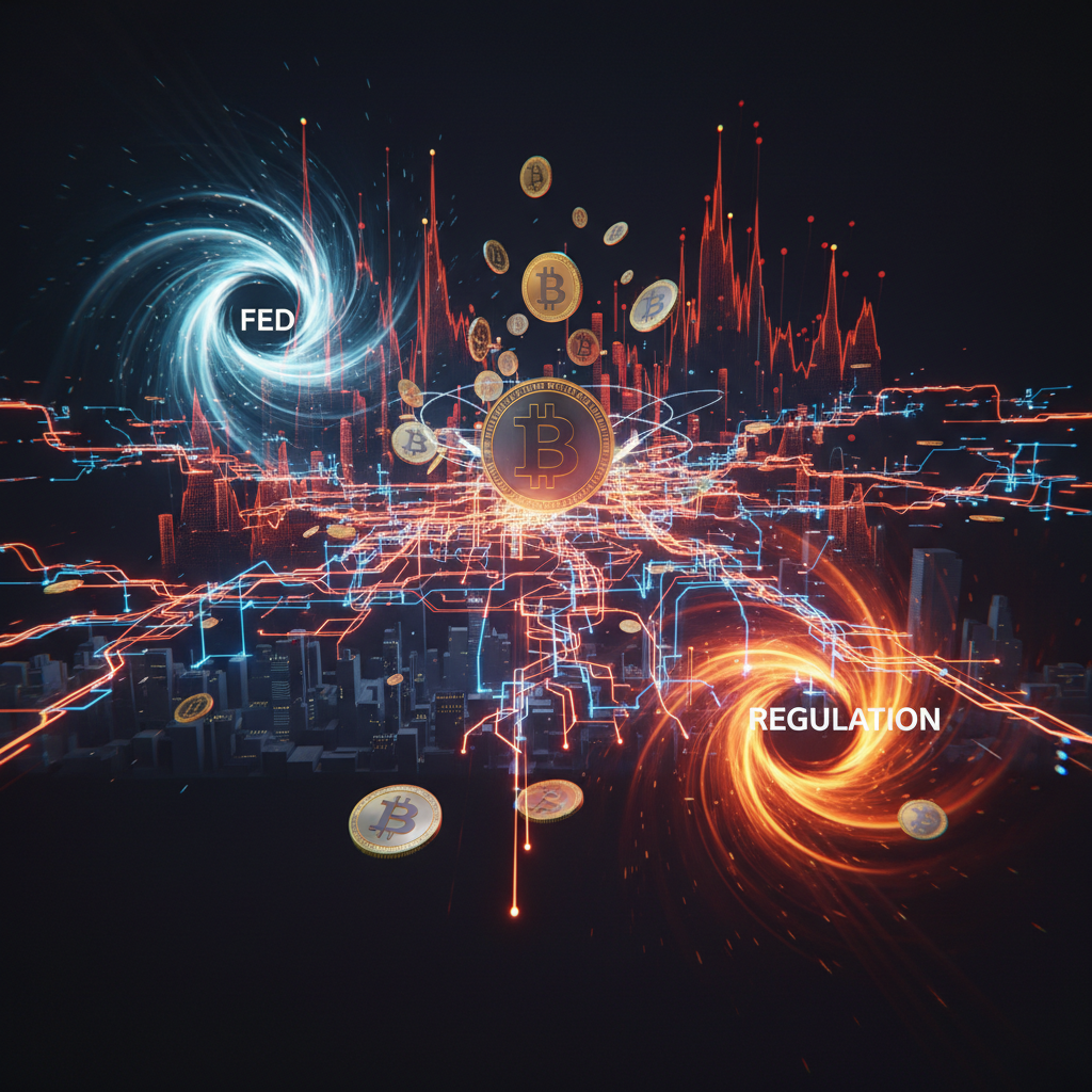Glowing digital currency charts showing sharp Bitcoin volatility spikes in dark moody trading environment.