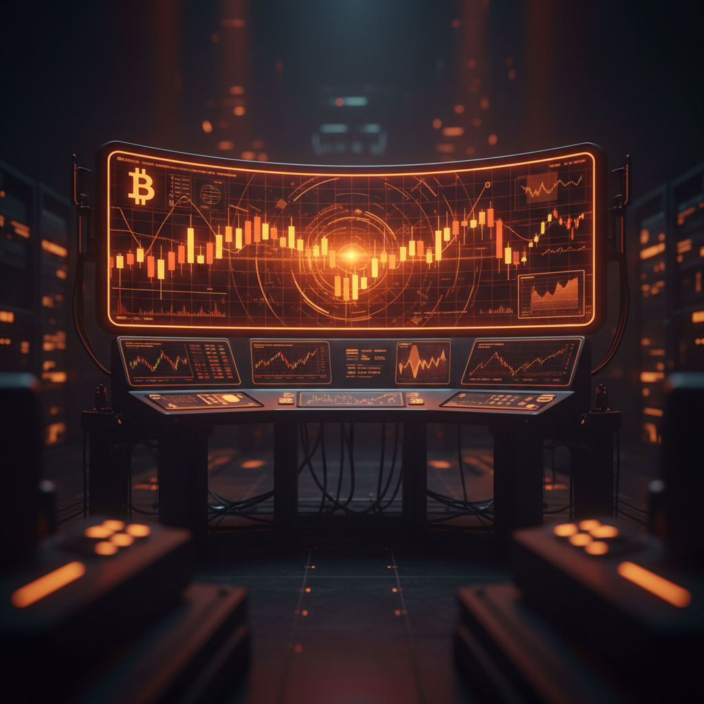 Cryptocurrency trading chart depicting Bitcoin market pressure surrounded by neon orange glow