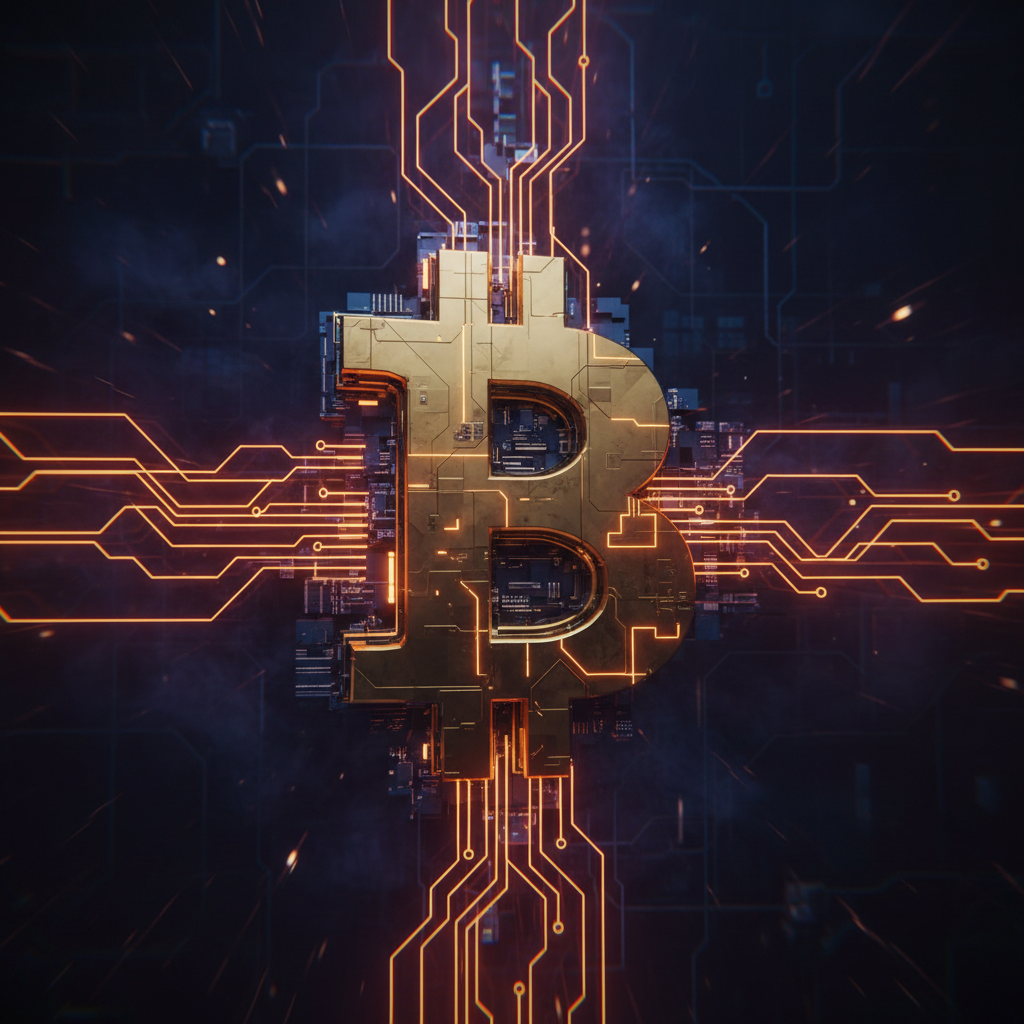 A monumental golden Bitcoin emblem with cybernetic circuitry highlighting Bitcoin institutional resilience