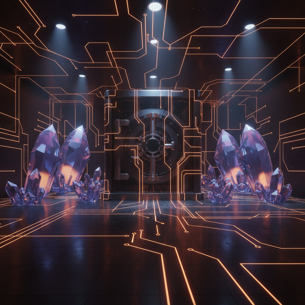 Digital vault visual illustrating the Bitmine Ether purchase with glowing crypto tokens.