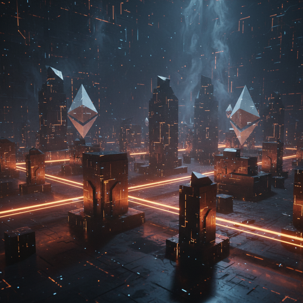 Digital network vault displaying Bitmine Ethereum holdings with orange glowing data lines.
