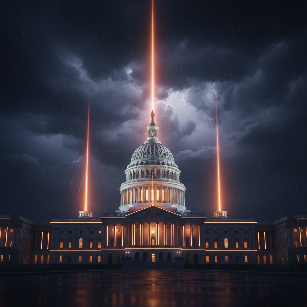 Capitol Hill bathed in dramatic neon lighting illustrating the Crypto Clarity Act ethics debate