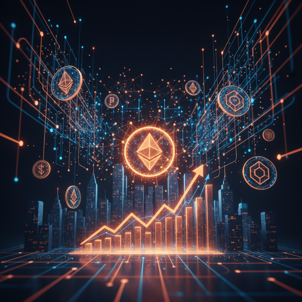 Futuristic network grid displaying strong Ethereum network adoption among institutional and artificial intelligence fina