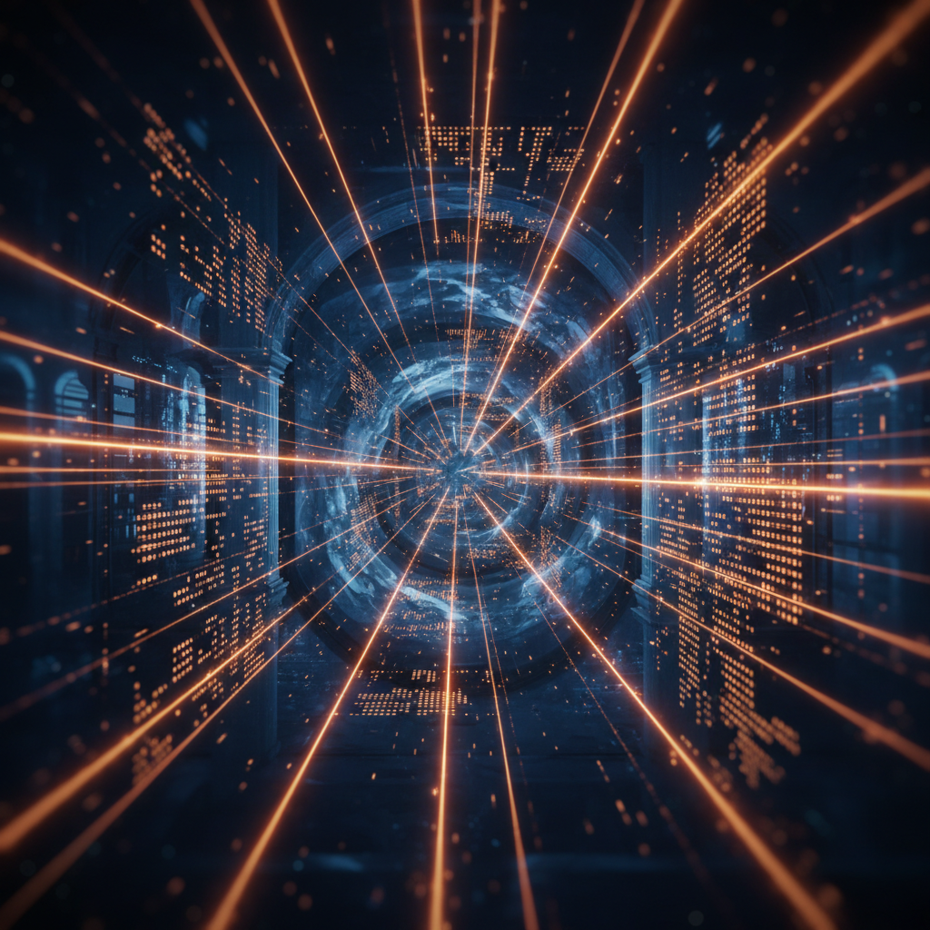 Futuristic stock exchange interface with digital tokenized stocks glowing against a dark trading floor.