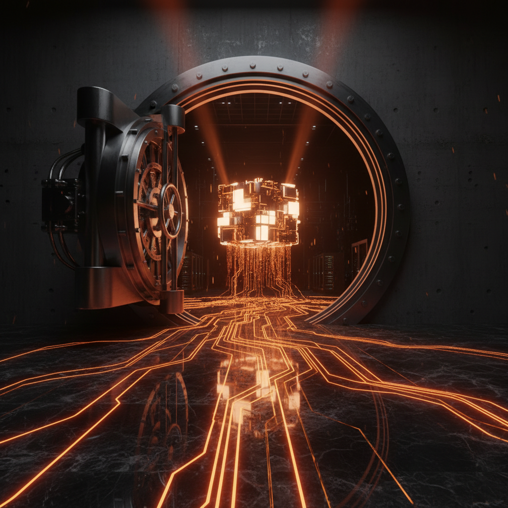 Digital ruble adoption visual with glowing central bank vault and orange neon lines