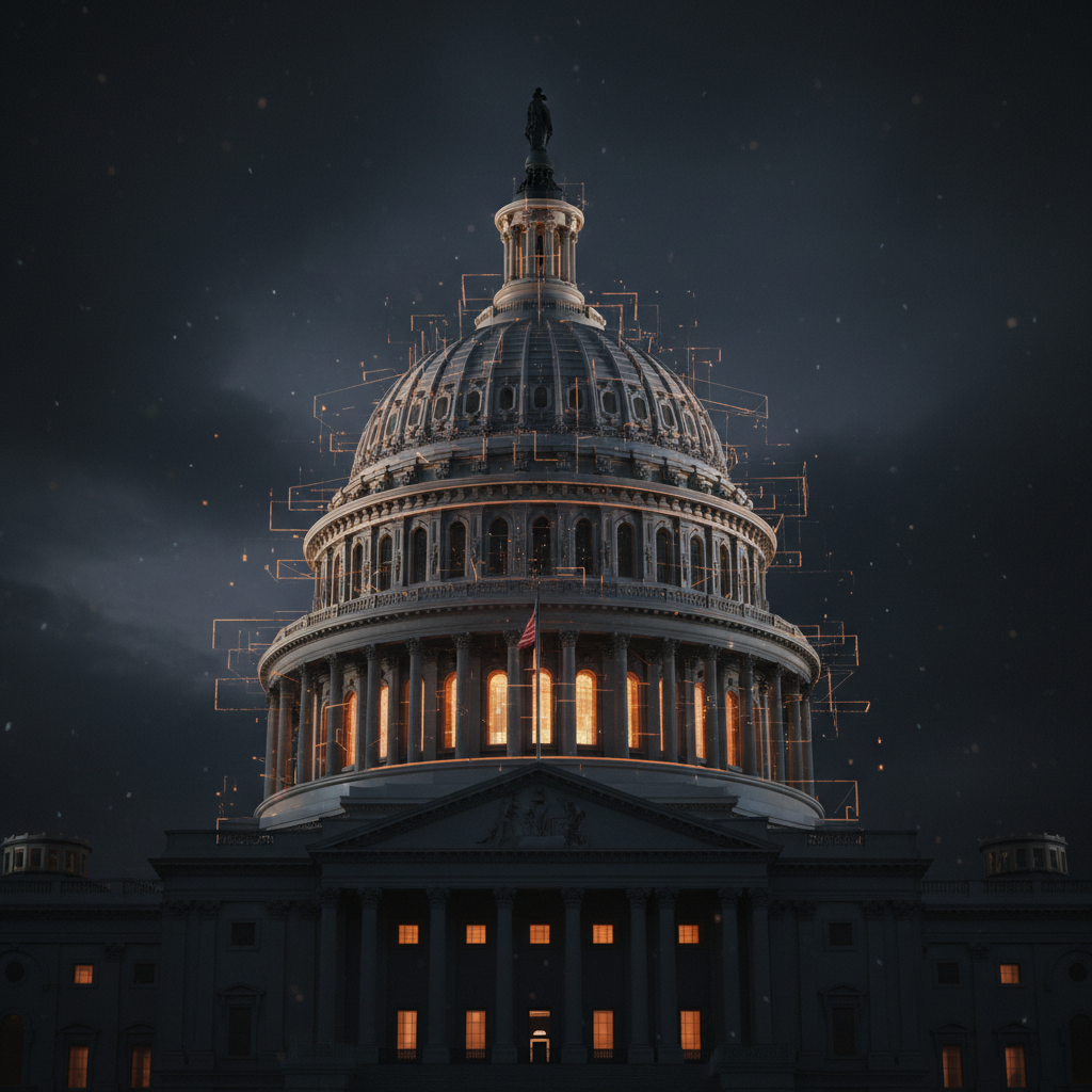 United States Capitol dome outlined in orange data nodes ahead of the final CLARITY Act vote.