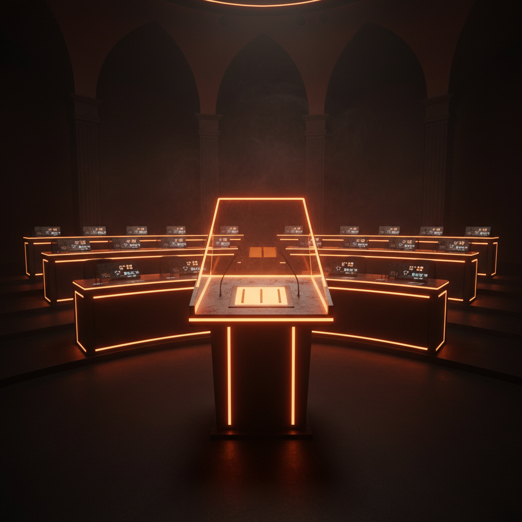 Legislative chamber podium prepared for the pivotal Clarity Act vote on digital asset regulations