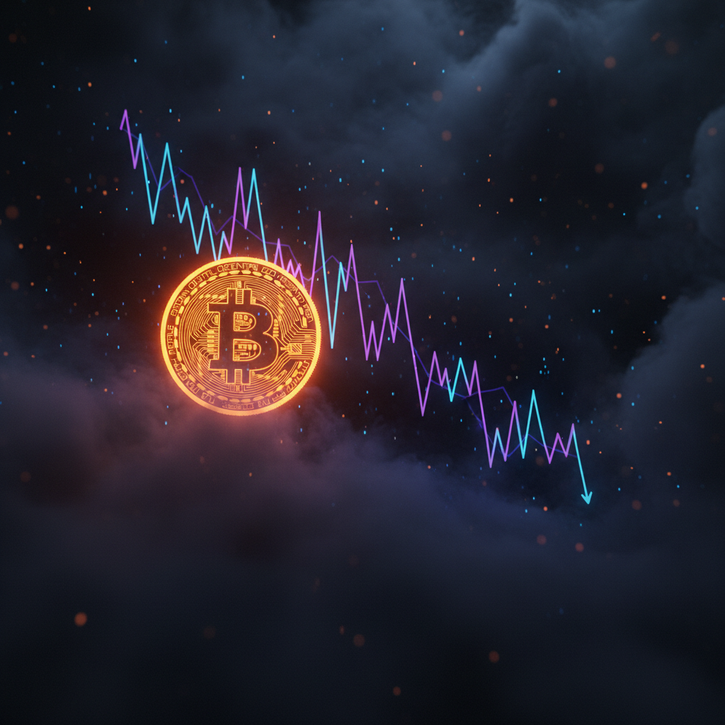 Red digital charts and institutional tokens reflecting heavy Bitcoin ETF outflows.