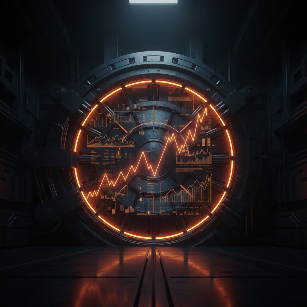 A financial trading floor glowing under orange neon during a Federal Reserve rate decision.