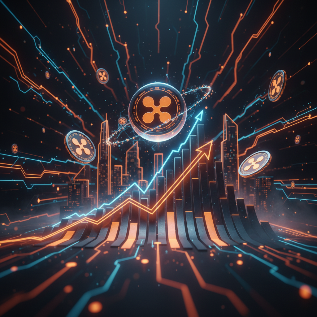 Glowing blockchain nodes processing the XRP Ledger record transactions during peak network throughput.