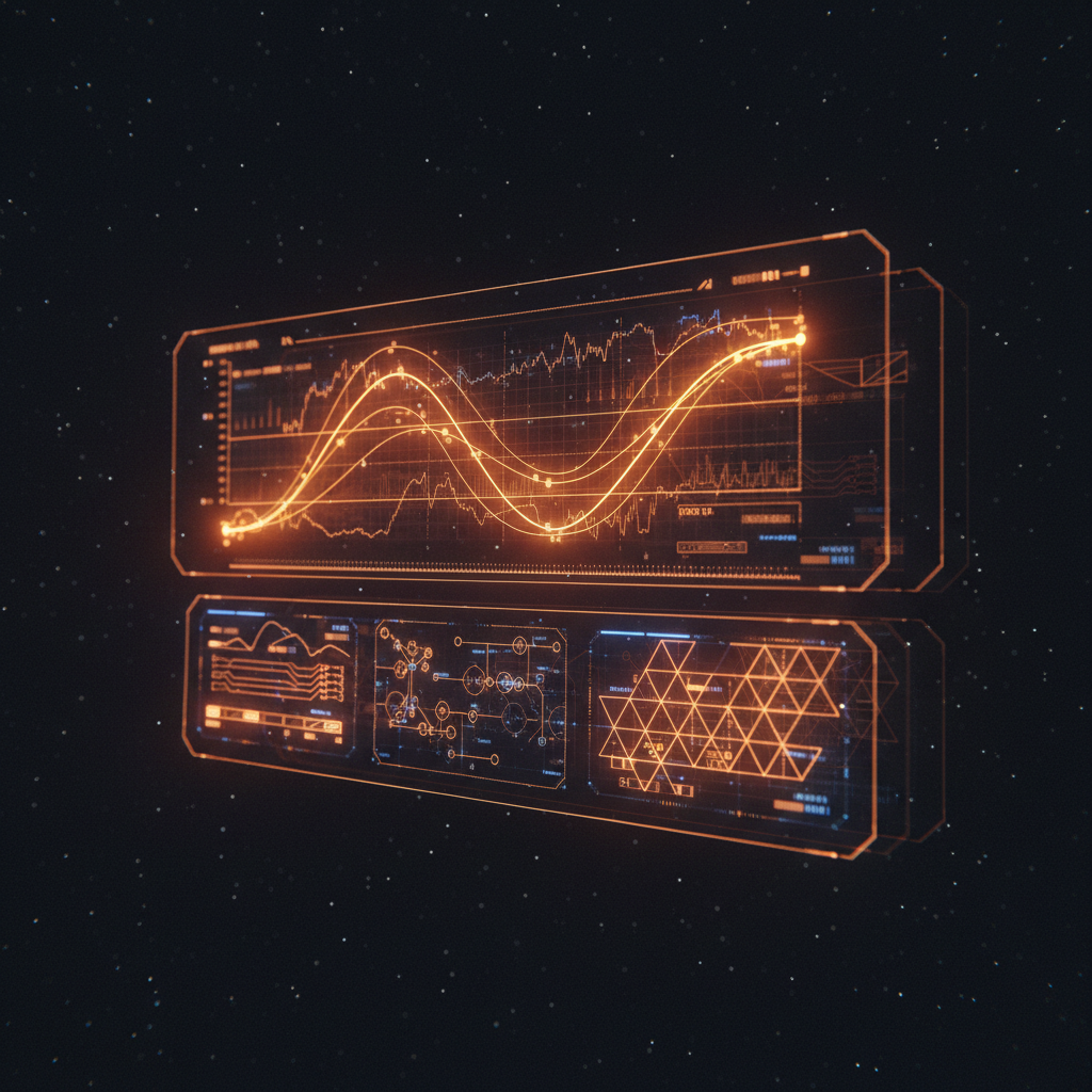 Holographic prediction market odds displaying Polymarket trader profits on a futuristic interface.