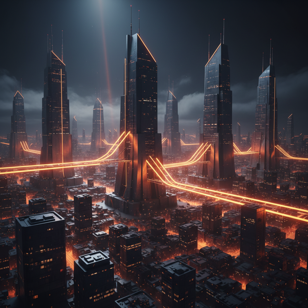 Abstract financial towers in Dubai glowing orange under a tokenized private credit fund.