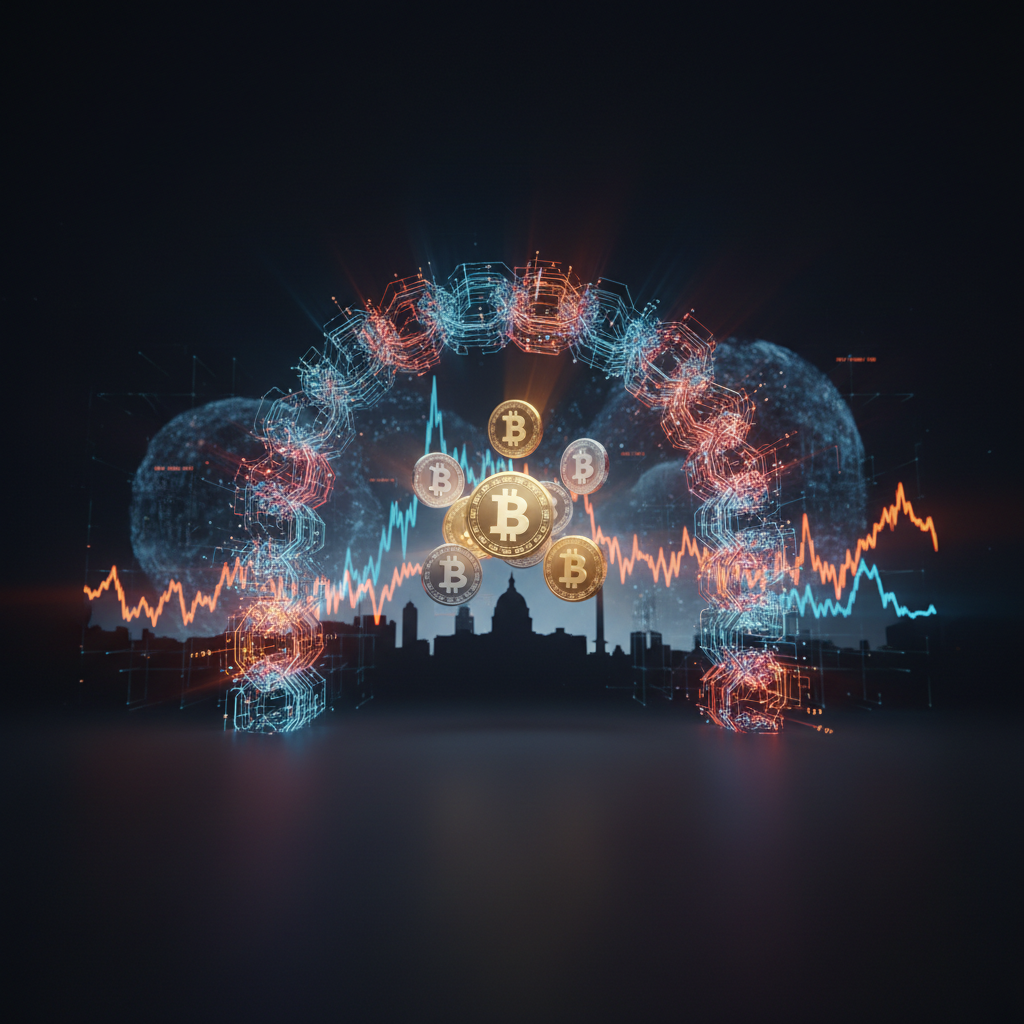 Digital legislative symbols and interconnected circuit lines illustrating the scope of US crypto legislation.