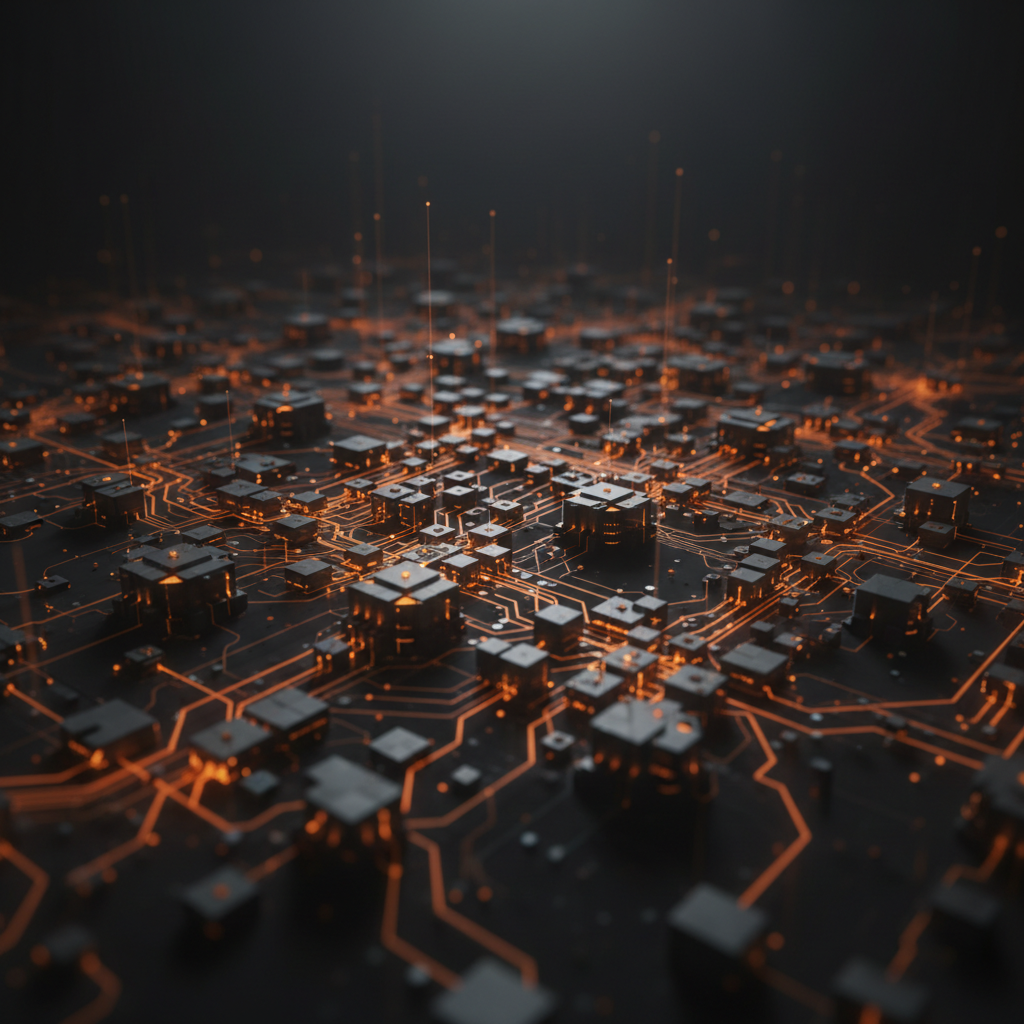 Bitcoin Core update visualized with glowing orange node pathways in a server room
