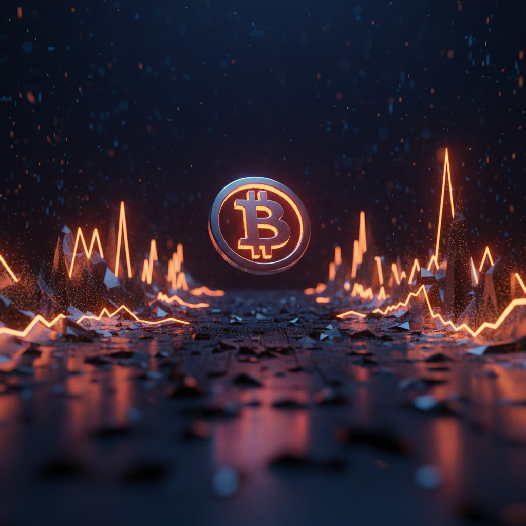 A dark conceptual digital landscape with orange neon graphs illustrating Bitcoin market volatility.