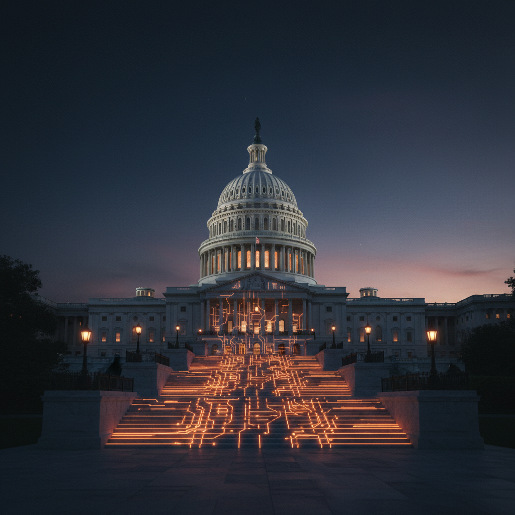 US Capitol silhouette with digital lighting representing the CLARITY Act crypto debate.