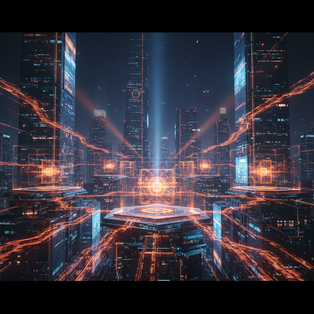 Korea Blockchain Week stage illuminated by neon orange geometric network designs