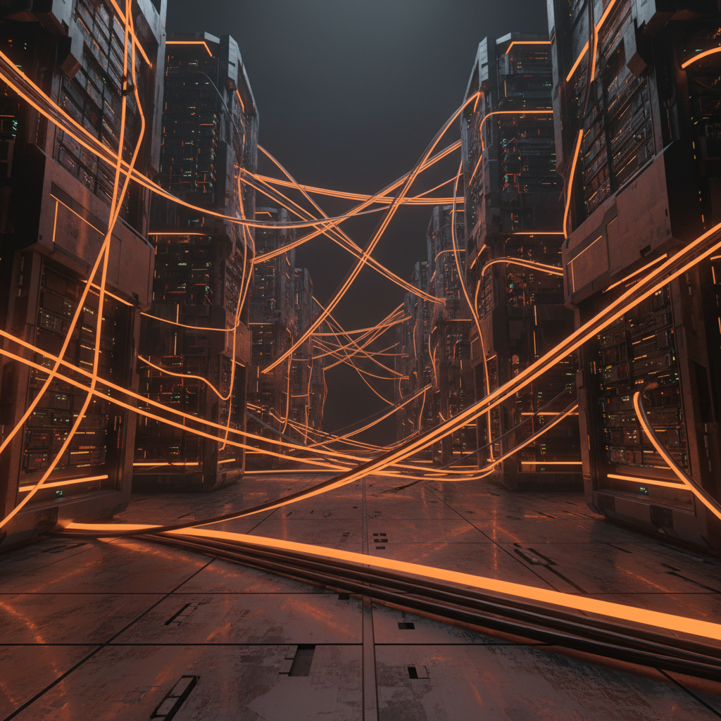 A dark modern datacenter featuring glowing orange light lines representing AI infrastructure spending.