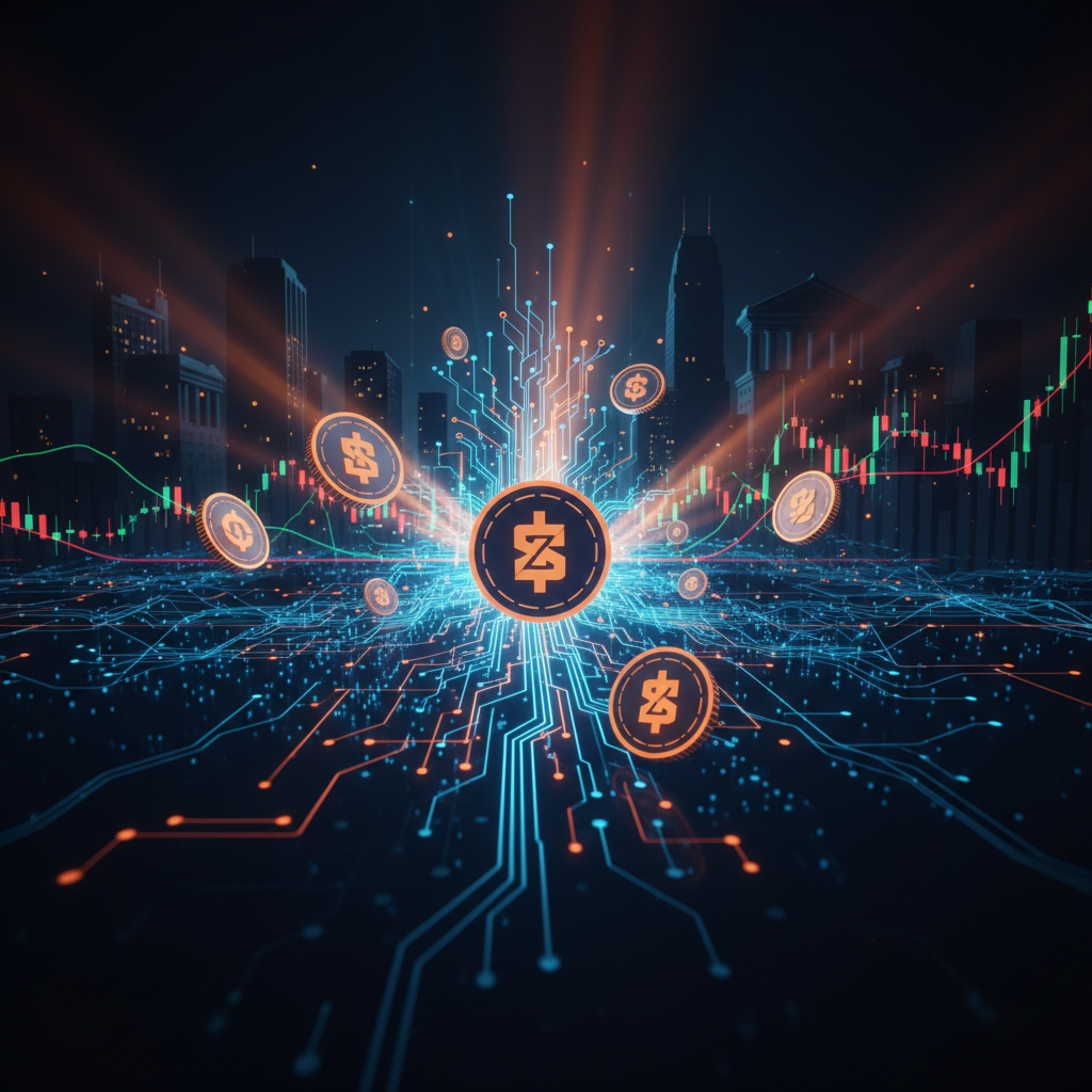 A dark digital financial balance sheet featuring an orange glowing US crypto tax bill concept.