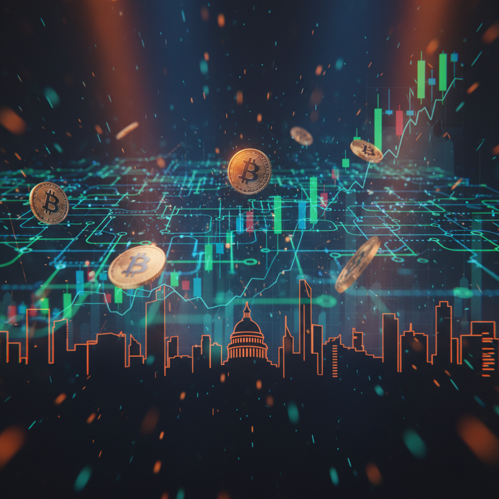 The Capitol illuminated in orange neon representing the Strategic Bitcoin Reserve legislative process.