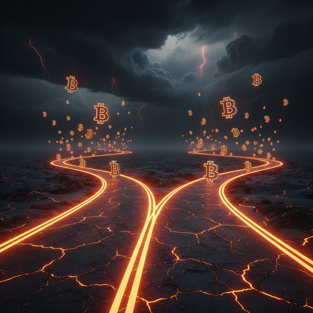 Split financial pathways illustrating uncertain Bitcoin Fed rate reaction under dark cinematic lighting