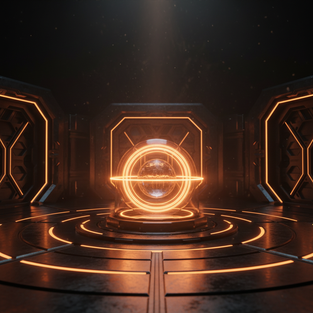 A high-tech digital vault symbolizing tokenized uranium custody with glowing orange lighting.