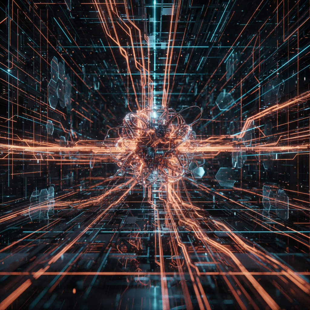 Futuristic server nodes representing decentralized AI agent infrastructure with vibrant orange lighting.