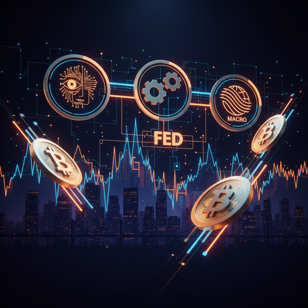 Stylized Bitcoin token facing downward chart trends under Bitcoin macro tightening pressure