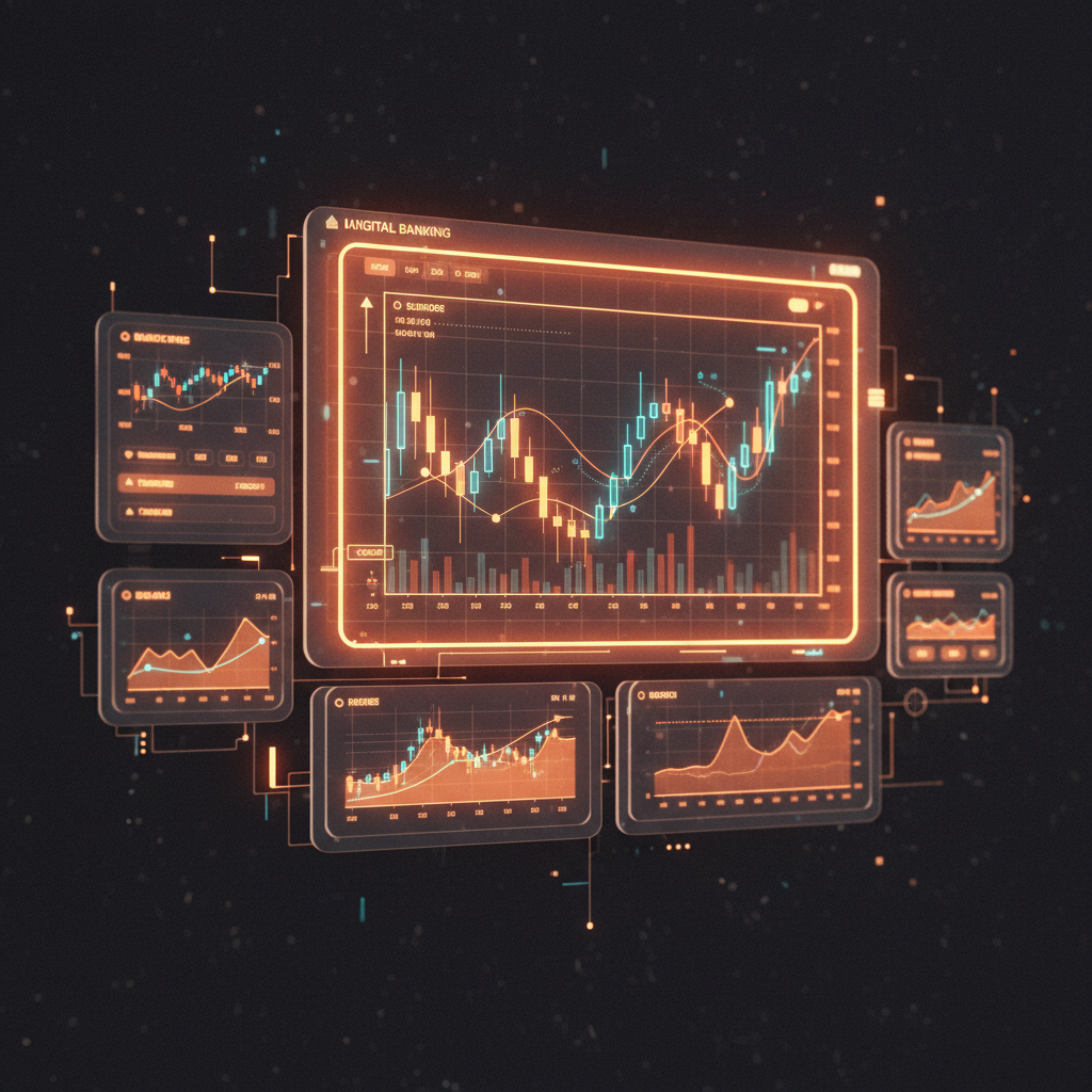 Trading terminal displaying analytics on the Bitcoin interest rate impact with glowing orange charts.