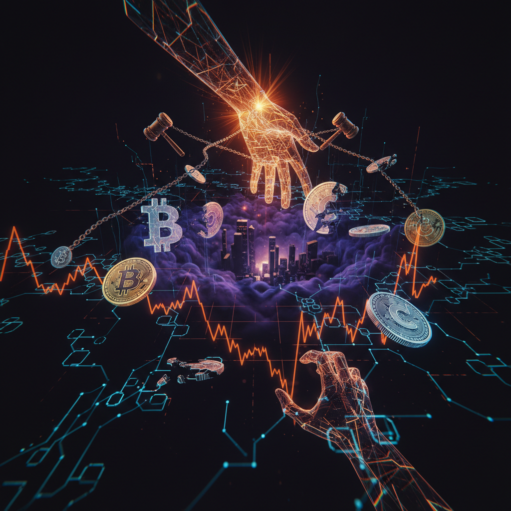 A digital legal gavel glowing orange amidst market data representing the BitMEX Celsius lawsuit.