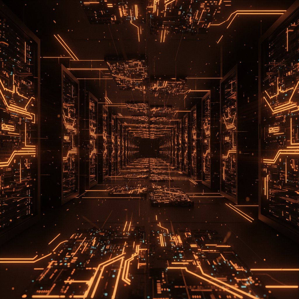 Futuristic dark data center server racks interconnected by glowing orange decentralized compute networks lines.