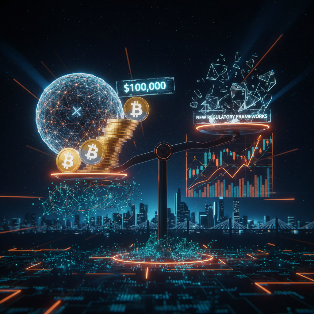 Futuristic visualization of a Bitcoin price prediction chart surrounded by orange glowing market analytics.