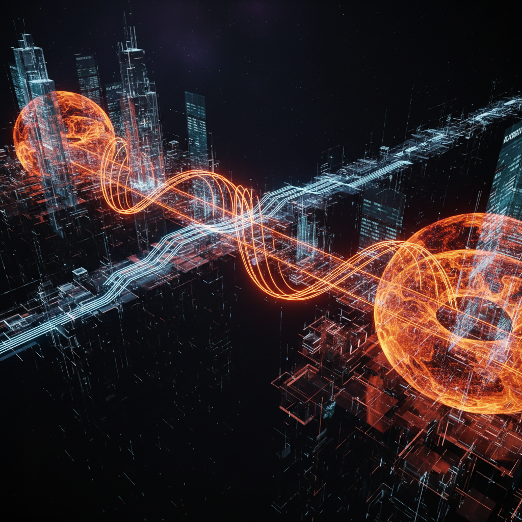 Infographic concept illustrating stock-linked memecoins liquidity interactions on a dark backdrop with orange lights.